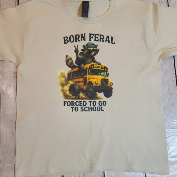 Kids Born Feral Graphic Tee with Raccoon and School Bus - cream - Picture 2 of 3